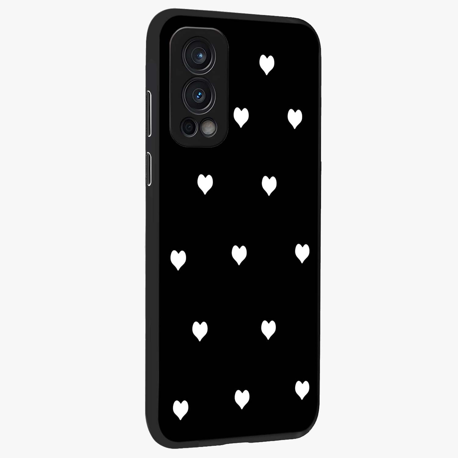 Cute And Simple White Hearts Glass Case upright view showcasing simple white hearts artwork with soft minimal theme.