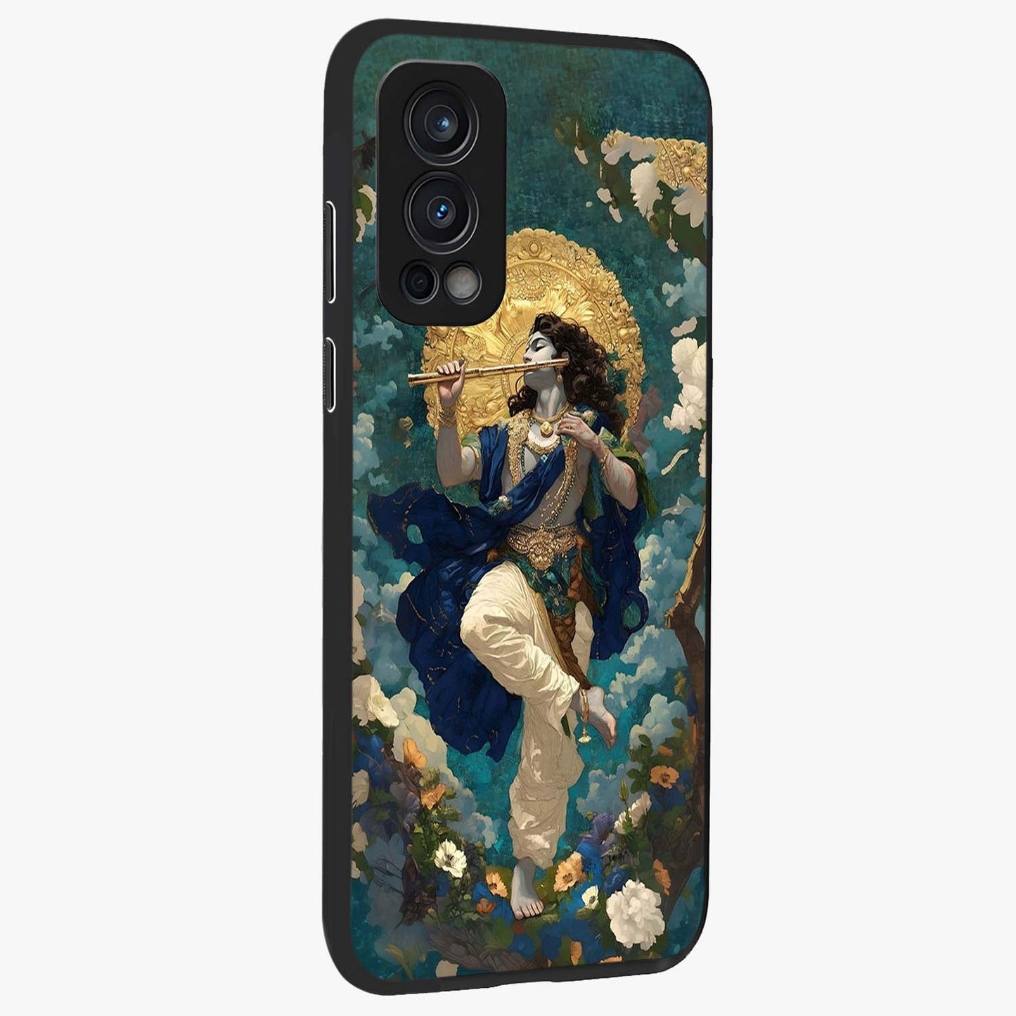 Divine Krishna Art Glass Case upright view showcasing divine Krishna artwork with sacred artistic theme.