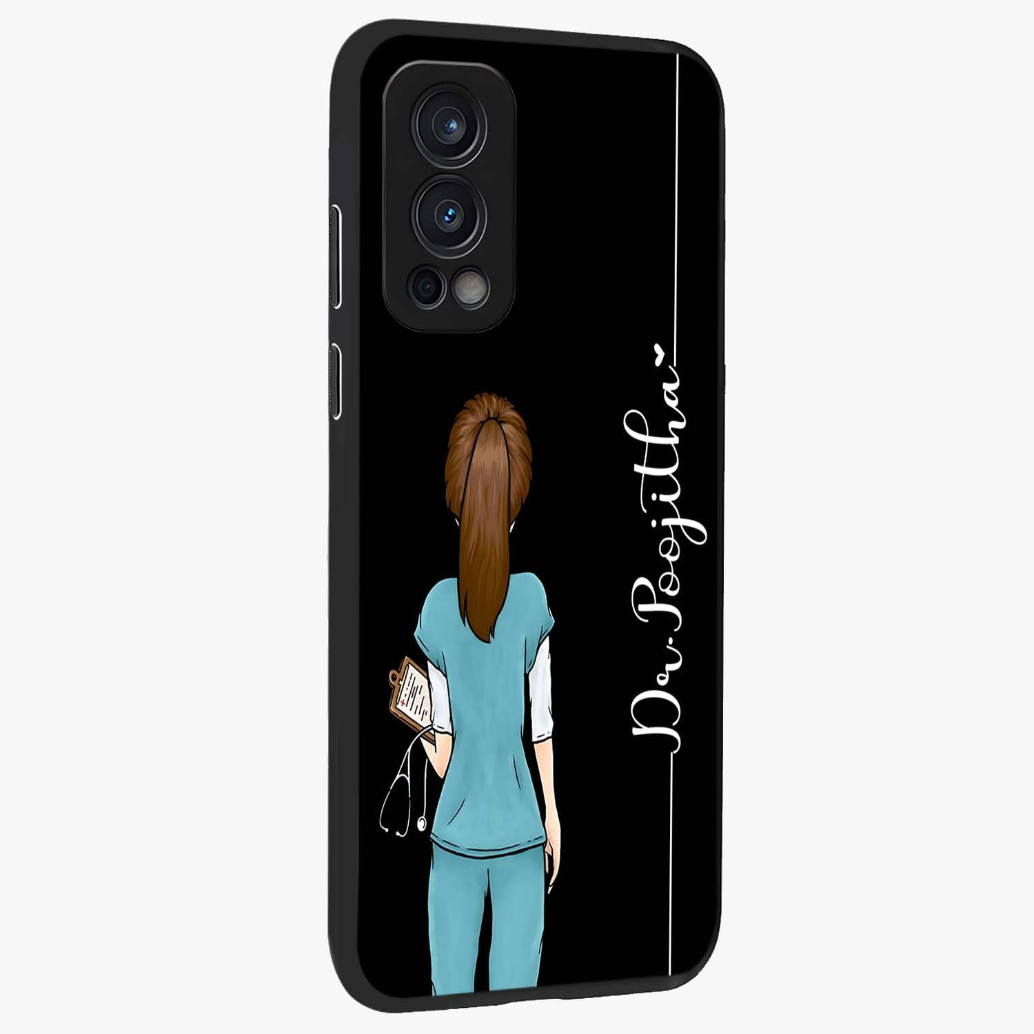 Doctor Pattern Custom Name Glass Case upright view showcasing healthcare themed design with personalized aesthetic.