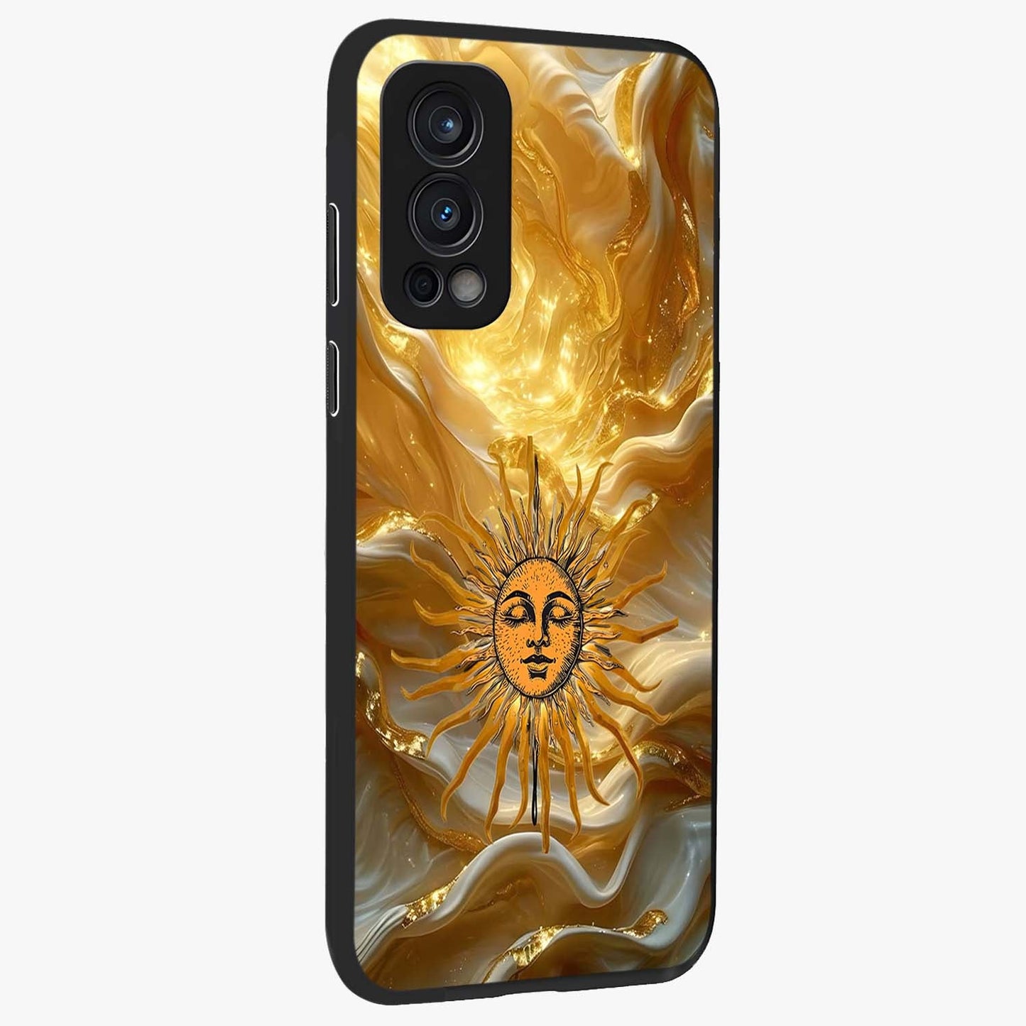 Eternal Golden Glow Glass Case upright view showcasing luminous golden artwork with luxurious visual theme.
