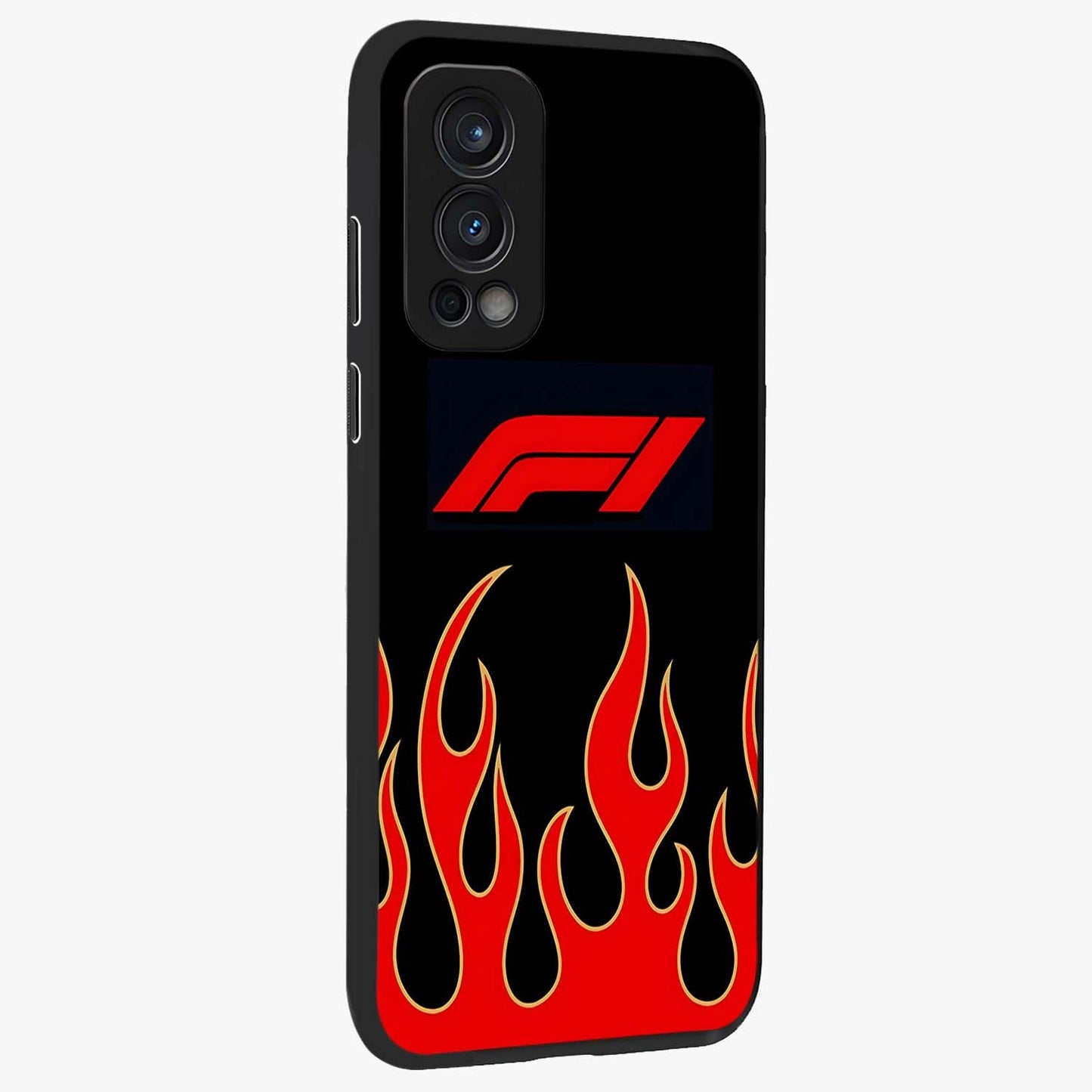 Fire F11 Glass Case upright view showcasing dynamic flame artwork with intense visual theme.