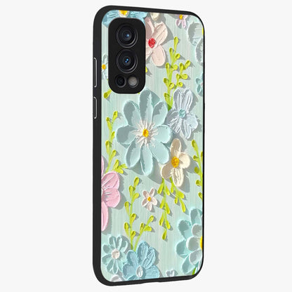 Frosted Petal Garden Glass Case upright view showcasing elegant floral garden artwork with soothing pastel theme.