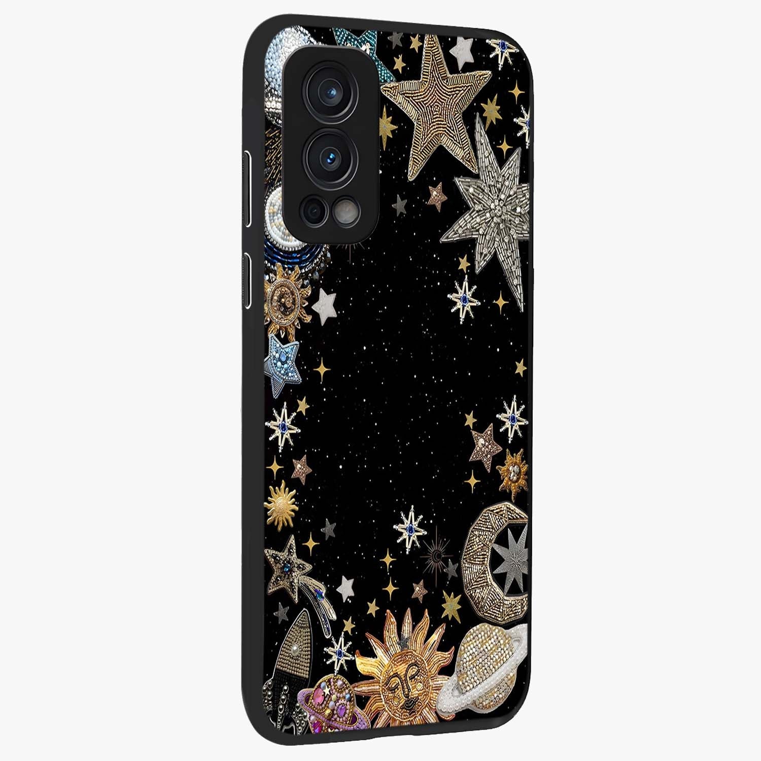 Galactic Jewel Stars Glass Case upright view showcasing glittering star jewel artwork with vibrant galaxy theme.