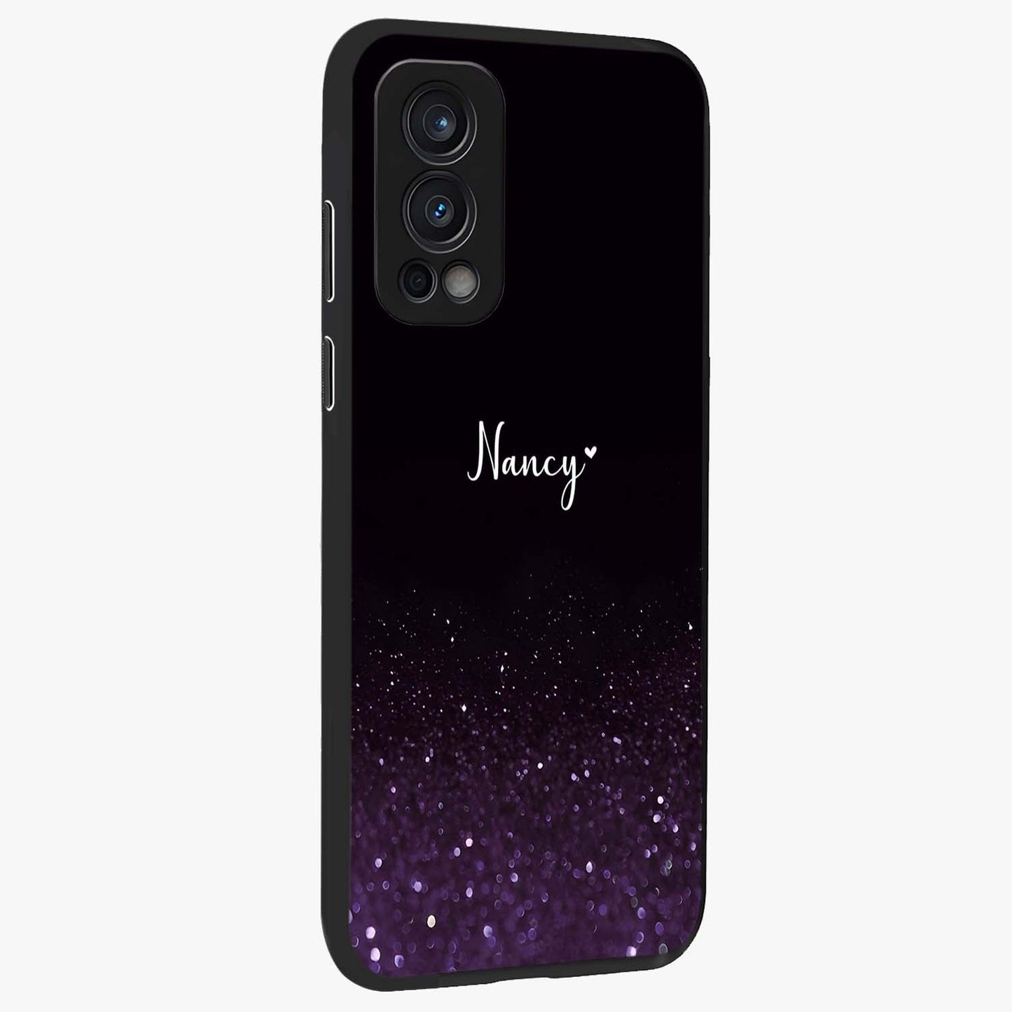 Glittery Purple Bokeh Custom Name Glass Case upright view showcasing vibrant purple sparkle artwork with personalized aesthetic style.