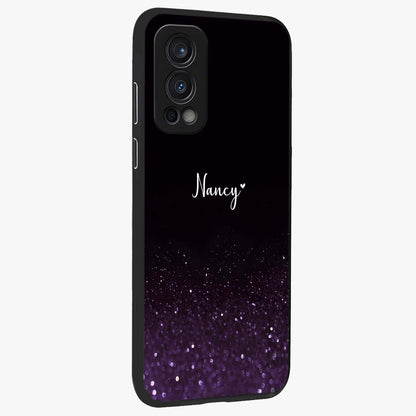 Glittery Purple Bokeh Custom Name Glass Case upright view showcasing vibrant purple sparkle artwork with personalized aesthetic style.