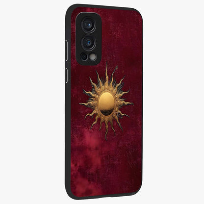 Golden Sun Minimalism Glass Case upright view showcasing simple golden sun artwork with elegant minimalist style.