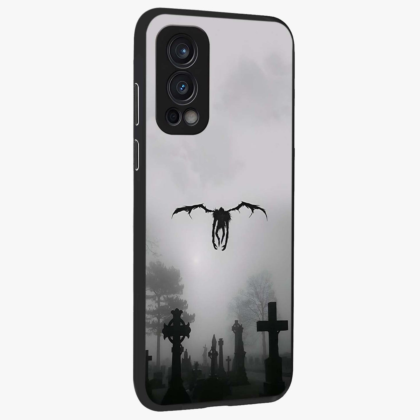 Graveyard Shadow Descent Glass Case upright view showcasing haunting graveyard artwork with dramatic dark theme.
