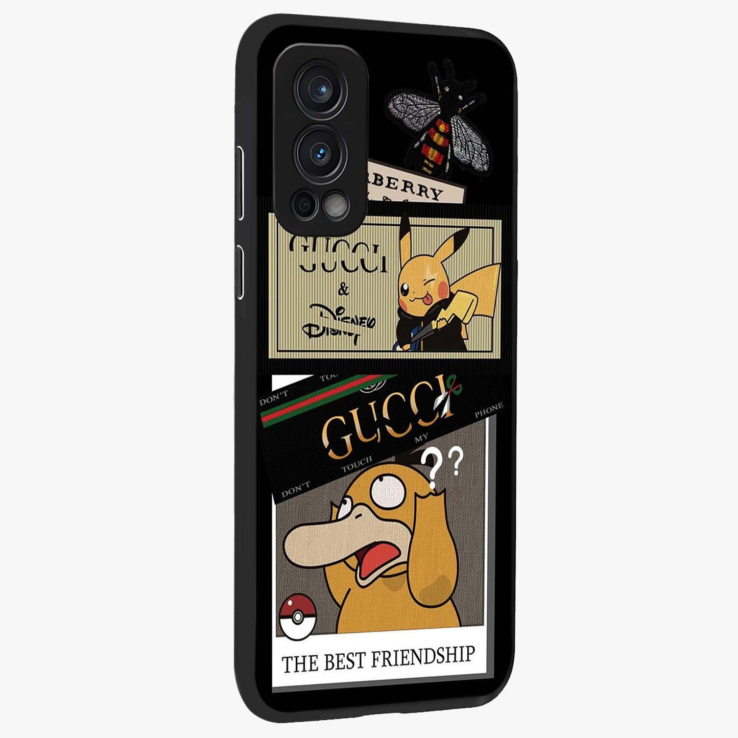 Gucci Play Mashup Glass Case upright view showcasing trendy luxury inspired artwork with modern fashion theme.