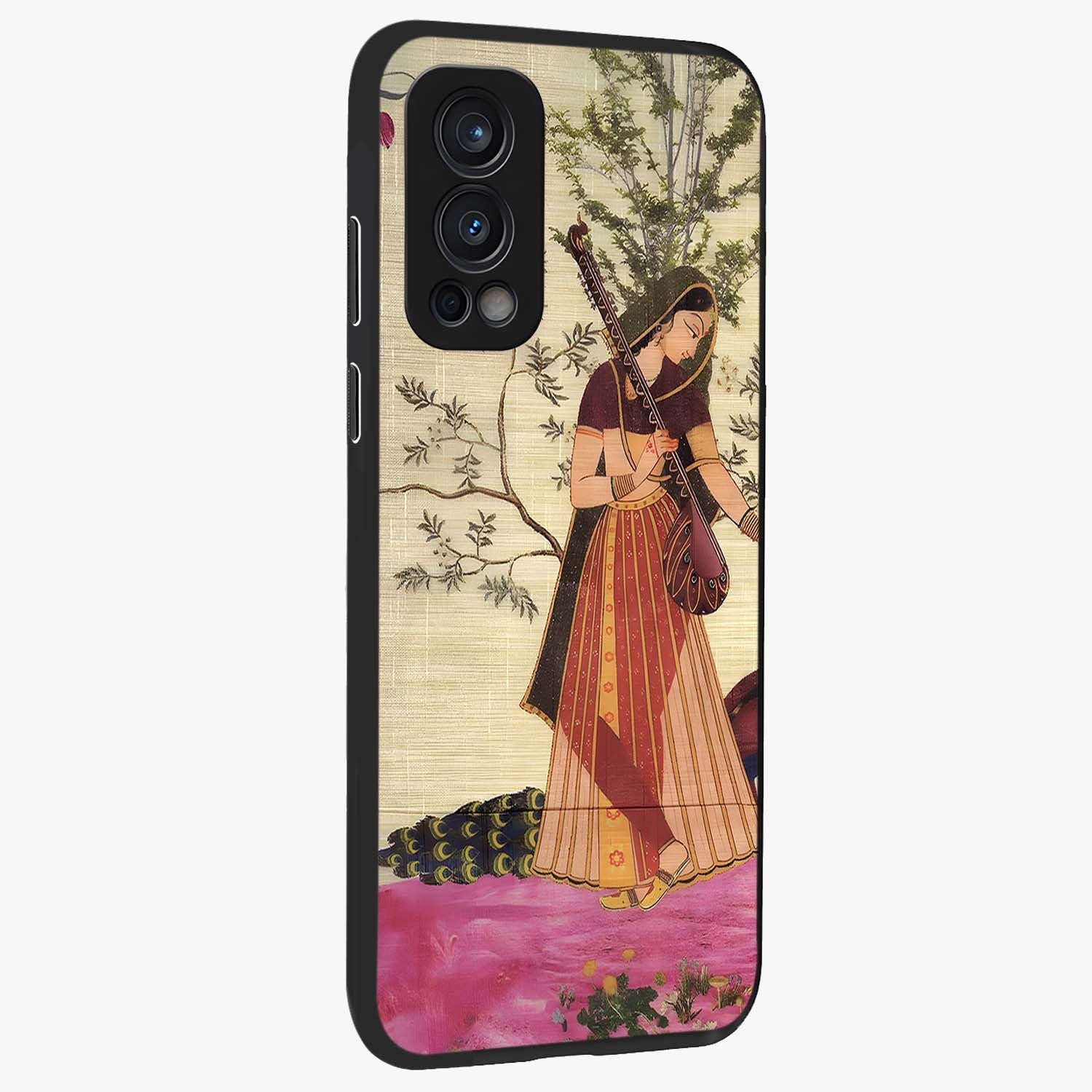 Lady With Veena Art Glass Case upright view showcasing classical veena artwork with traditional artistic theme.
