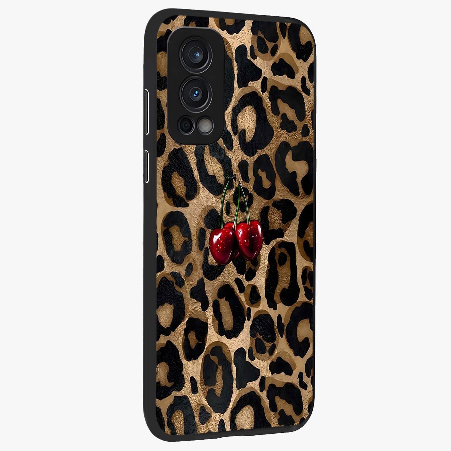 Leopard Wild Cherry Glass Case upright view showcasing stylish leopard pattern artwork with trendy fashion theme.