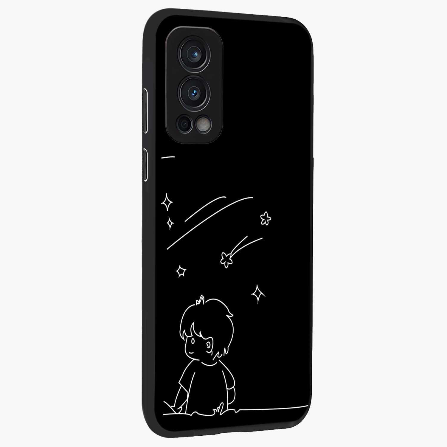 Line Art Boy With Shooting Stars Glass Case upright view showcasing artistic shooting star illustration with minimal style.