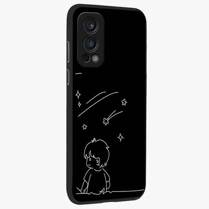 Line Art Boy With Shooting Stars Glass Case upright view showcasing artistic shooting star illustration with minimal style.
