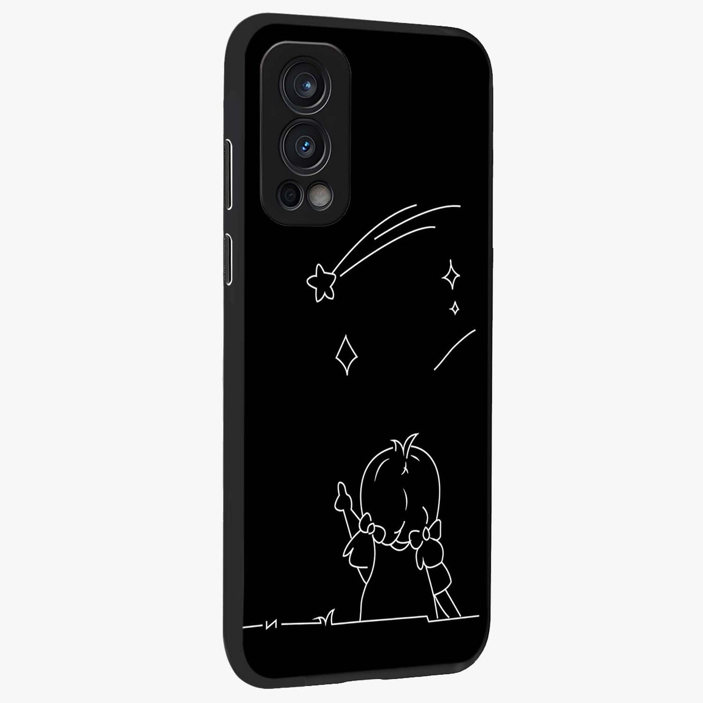 Line Art Girl With Shooting Stars Glass Case upright view showcasing delicate shooting stars artwork with minimal artistic theme.