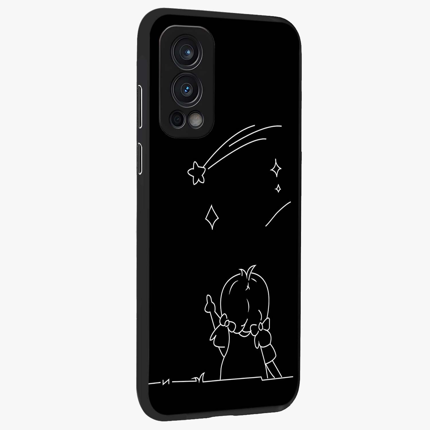 Line Art Girl With Shooting Stars Glass Case upright view showcasing delicate shooting stars artwork with minimal artistic theme.
