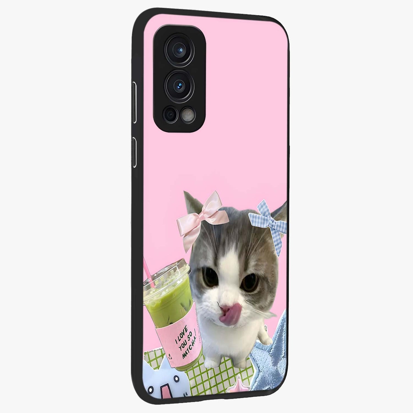 Love Matcha Cat Glass Case upright view showcasing adorable cat artwork with charming matcha themed design.