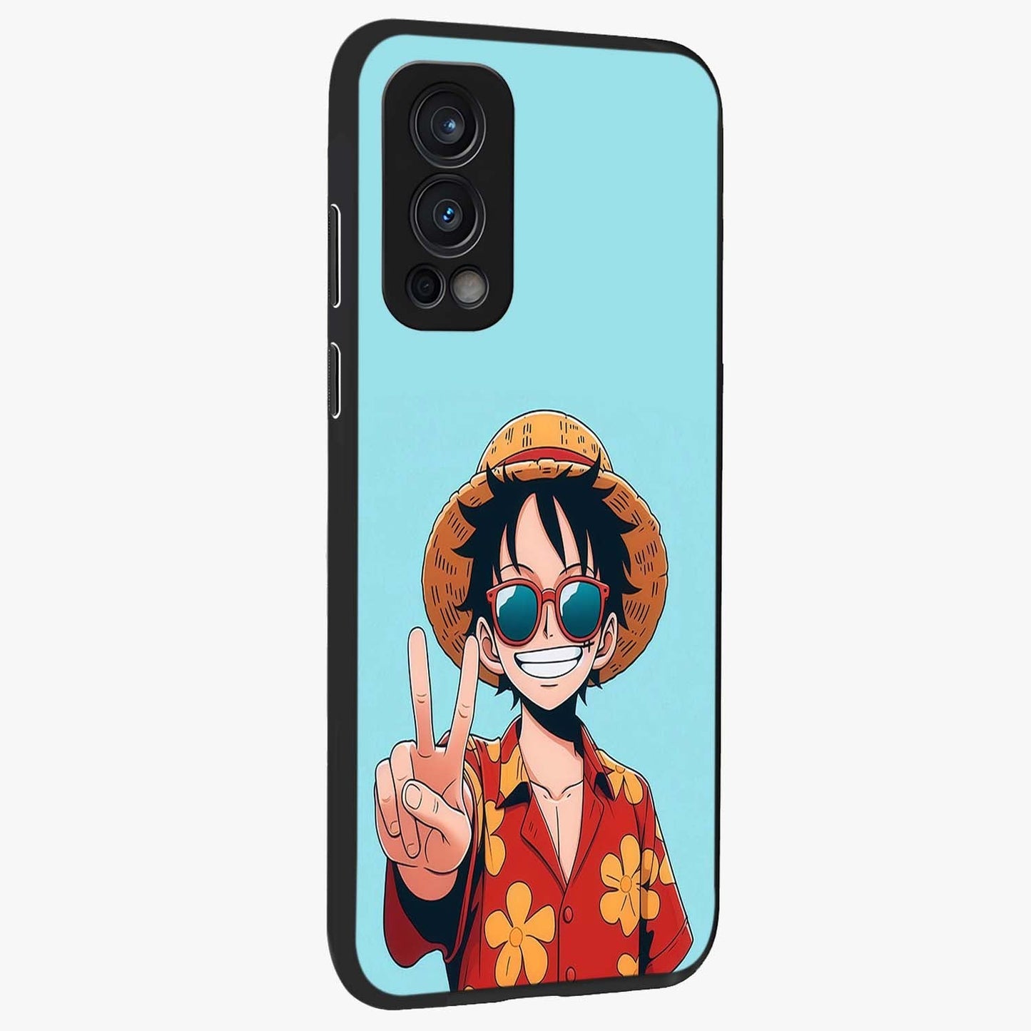 Luffy Summer Anime Vibe Glass Case upright view showcasing dynamic anime artwork with bright adventurous theme.