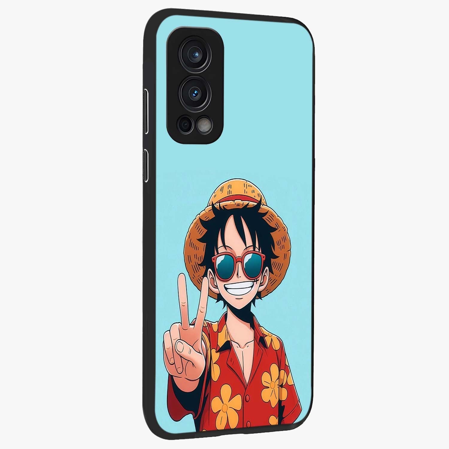 Luffy Summer Anime Vibe Glass Case upright view showcasing dynamic anime artwork with bright adventurous theme.