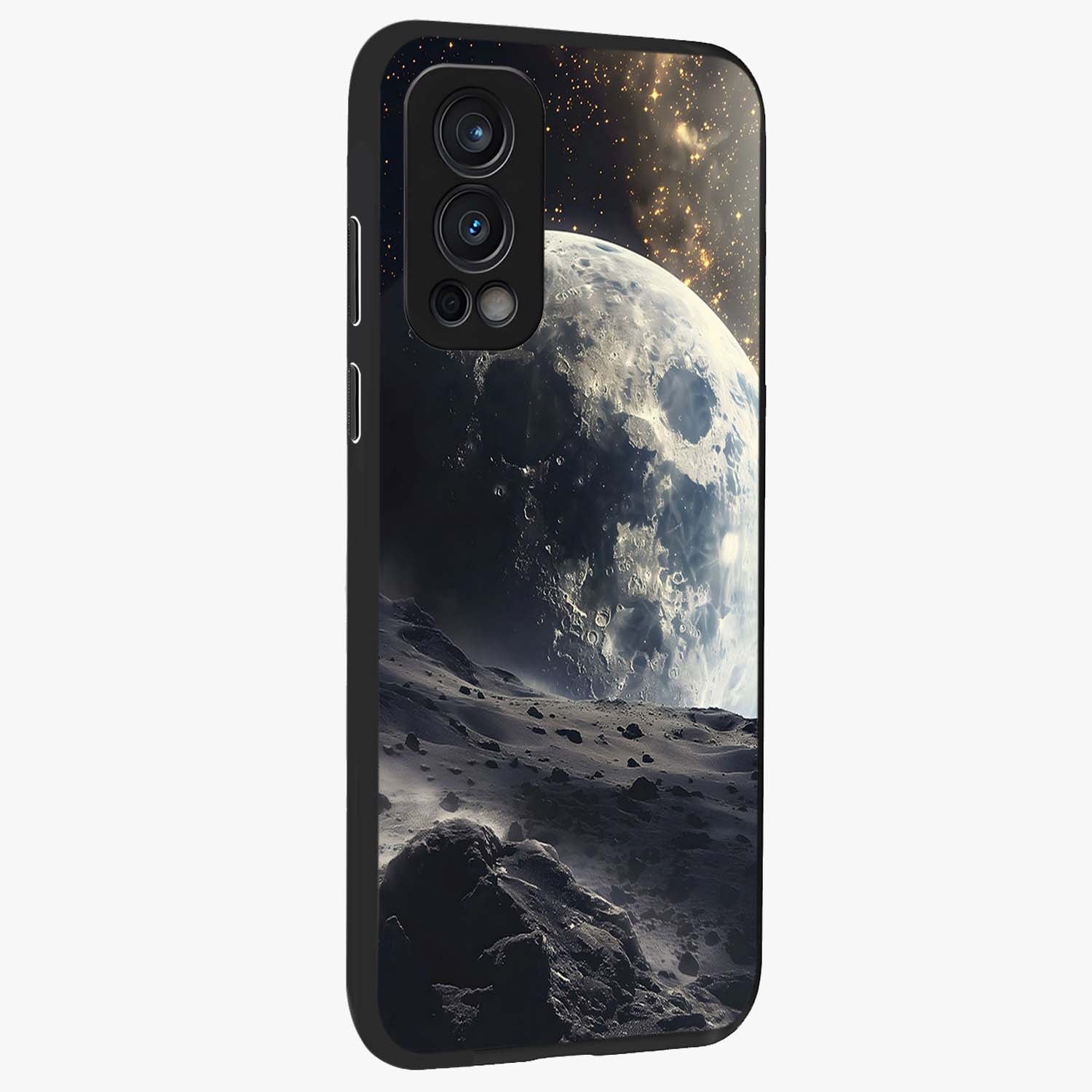 Lunar Horizon Glow Glass Case upright view showcasing radiant lunar artwork with calm cosmic theme.