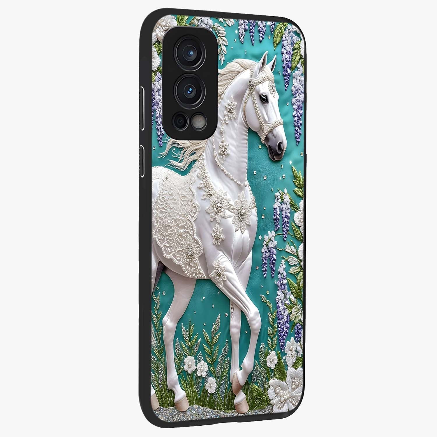 Majestic Floral Stallion Glass Case upright view showcasing dramatic horse artwork with decorative floral theme.