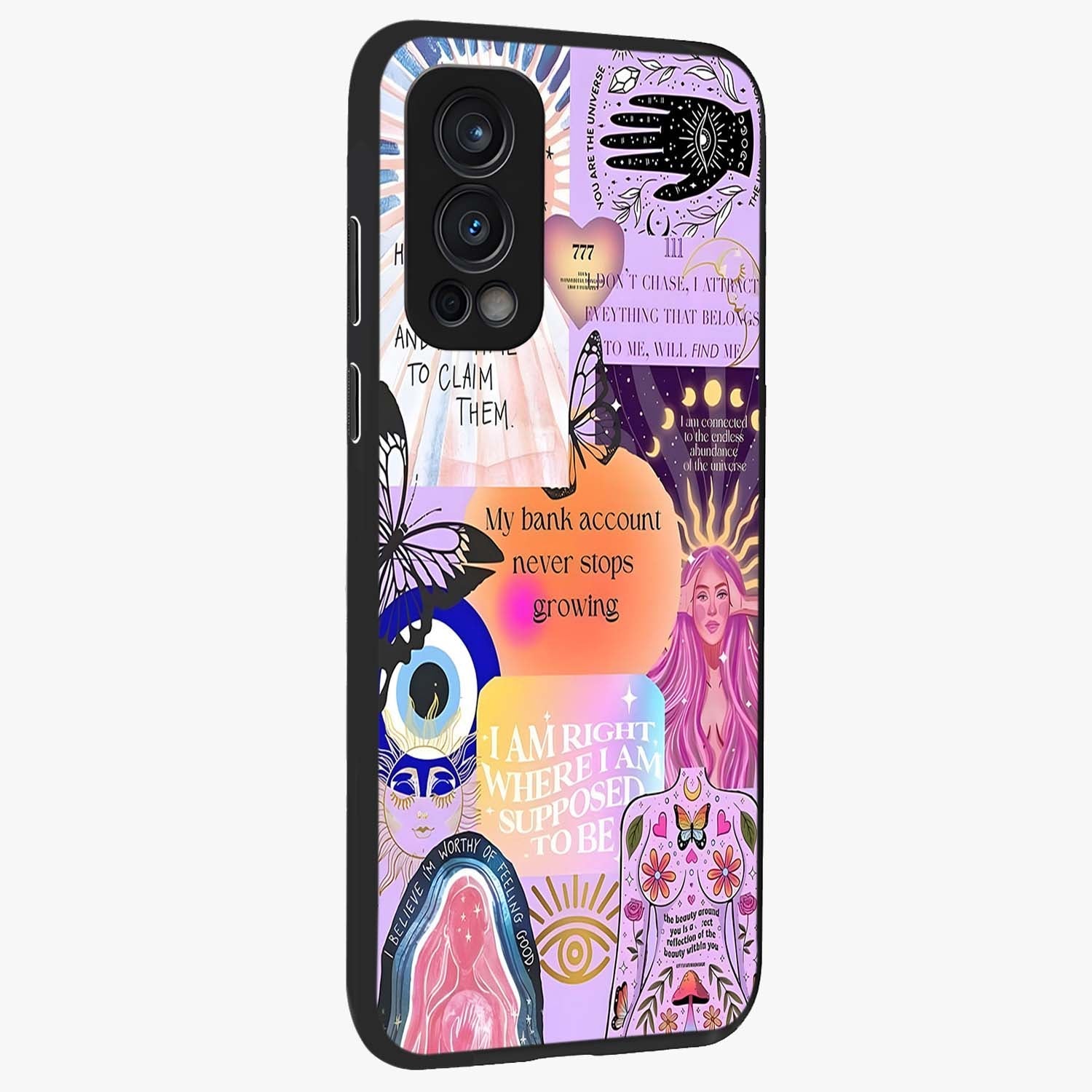 Manifestation Collage Glass Case upright view showcasing artistic manifestation themed artwork with creative style.