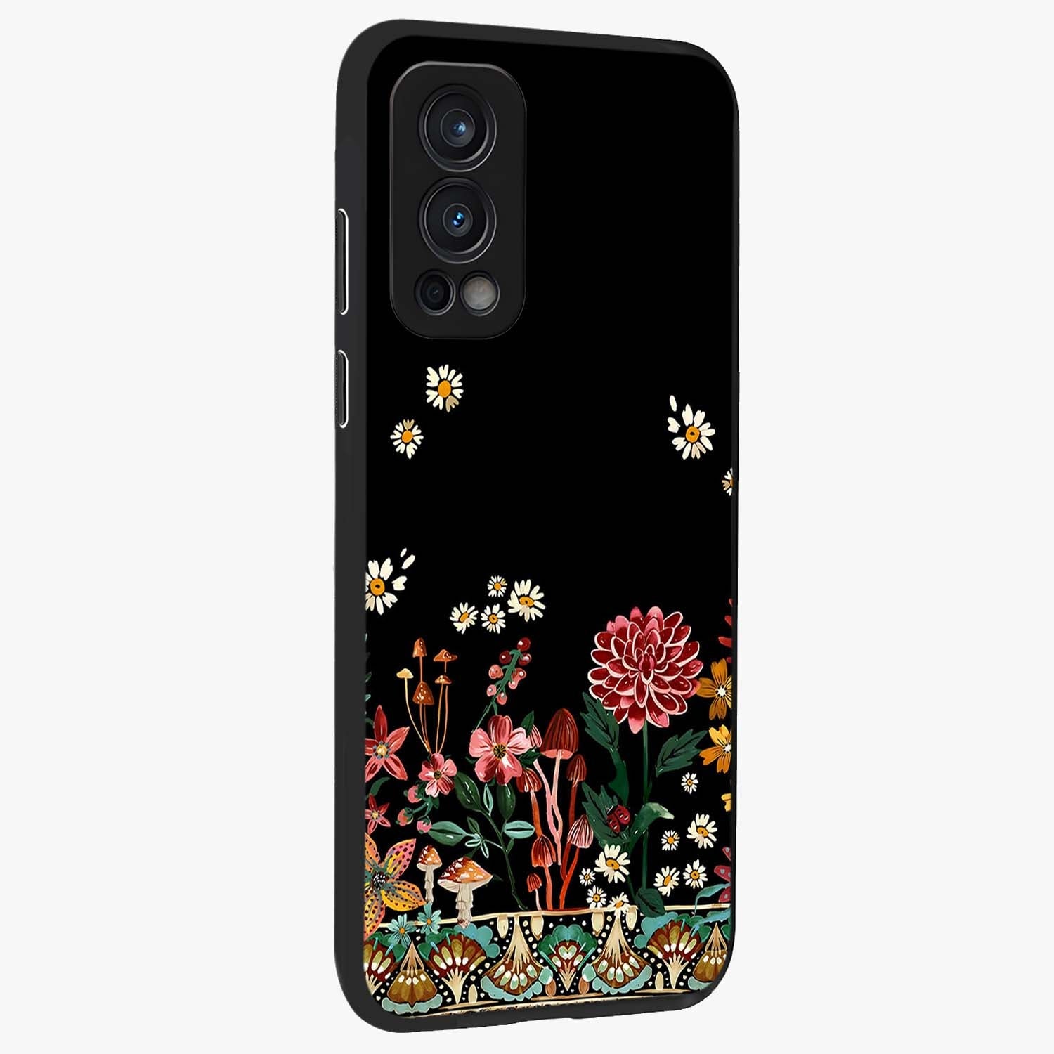 Midnight Bloom Pattern Glass Case upright view showcasing decorative floral artwork with deep night themed palette.