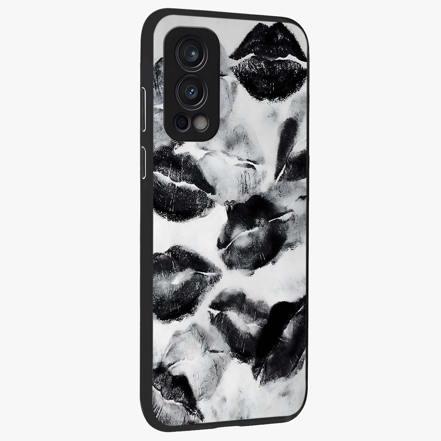 Midnight Kiss Marks Glass Case upright view showcasing stylish kiss mark artwork with trendy romantic theme.