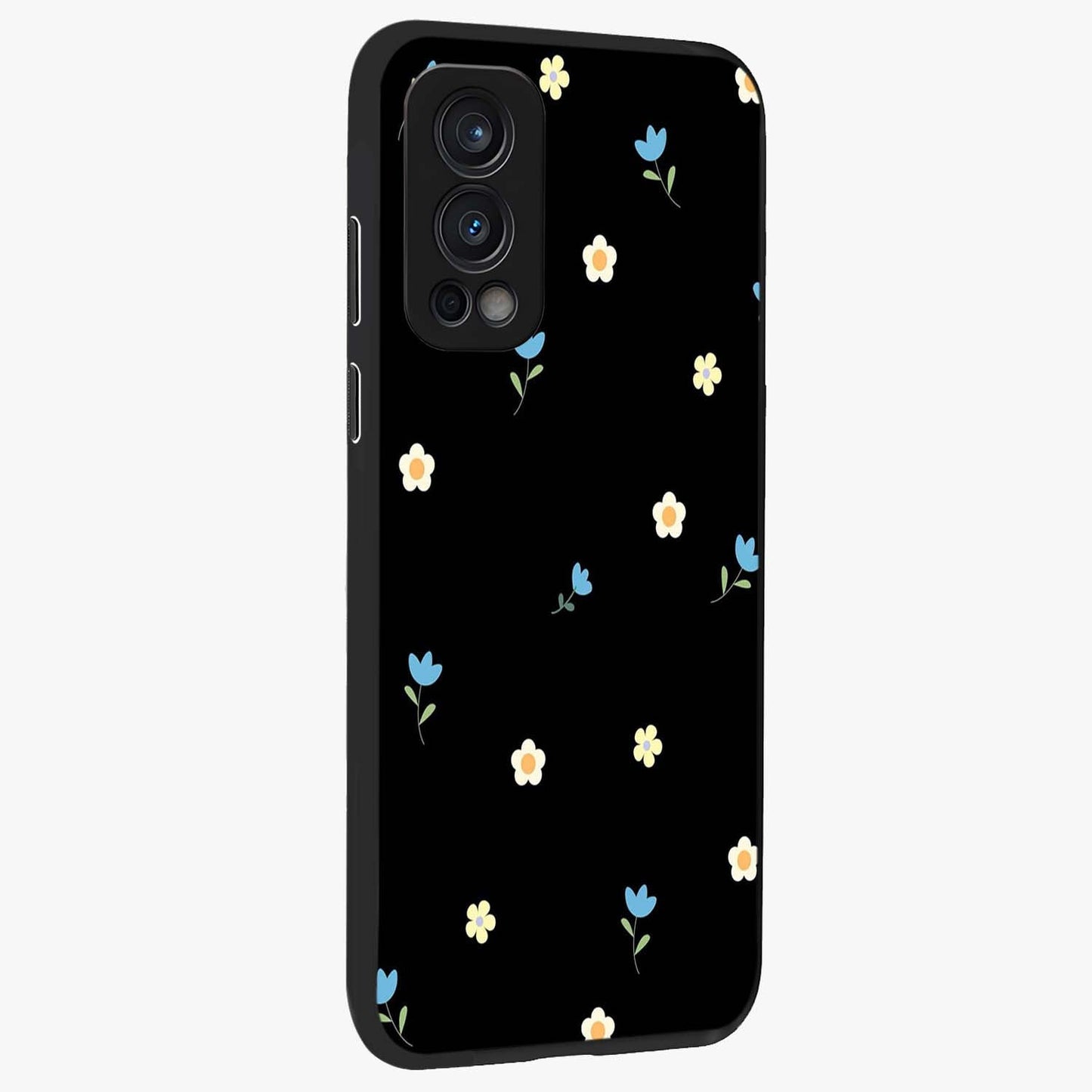Minimal Petal Whispers Glass Case upright view showcasing elegant floral artwork with modern minimalist style.
