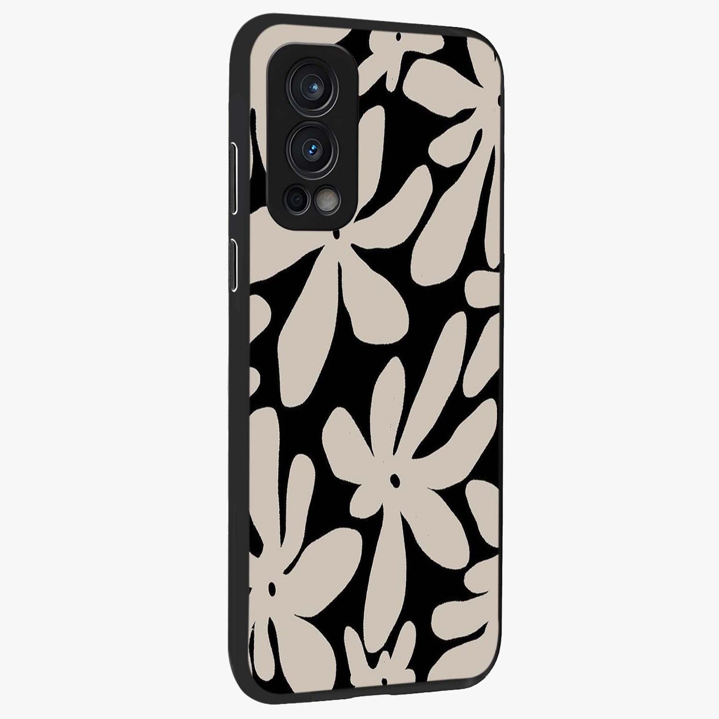 Monochrome Petal Dance Glass Case upright view showcasing artistic floral pattern with stylish monochrome theme.
