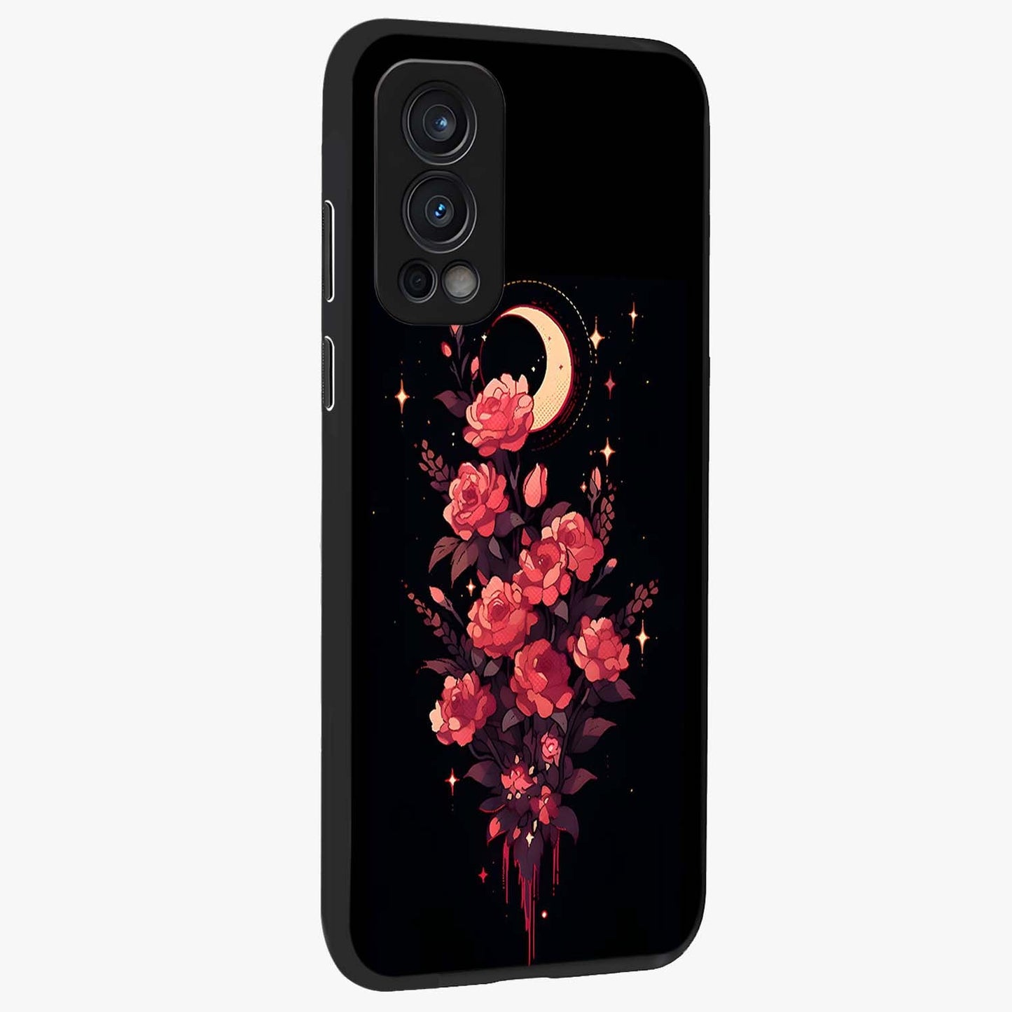 Moonlit Floral Elegance Glass Case upright view showcasing delicate floral artwork with refined night inspired theme.