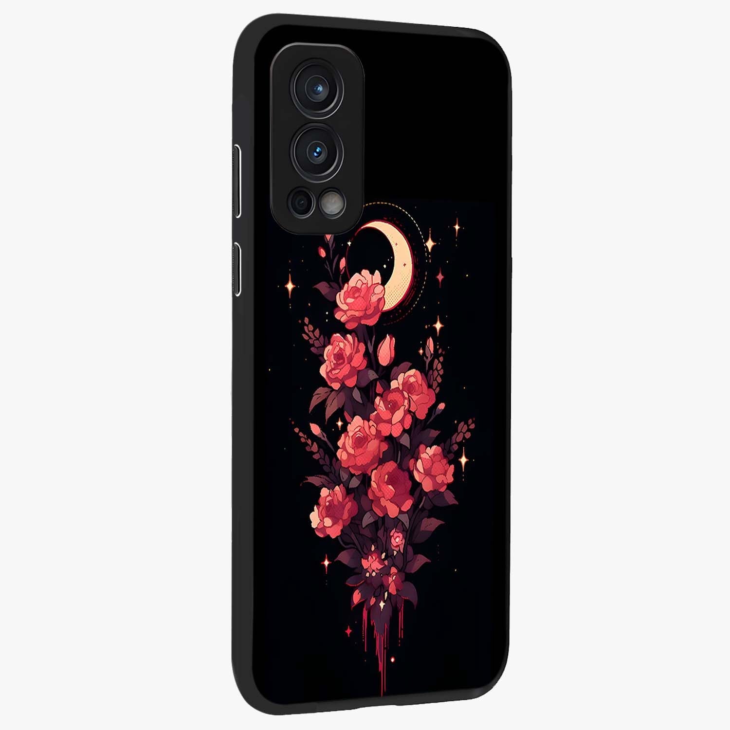 Moonlit Floral Elegance Glass Case upright view showcasing delicate floral artwork with refined night inspired theme.
