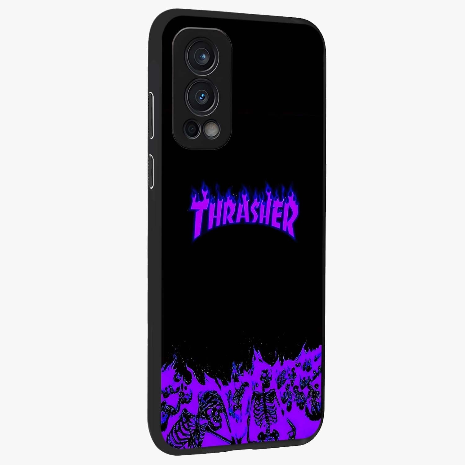 Neon Flame Riot Glass Case upright view showcasing dynamic flame artwork with energetic neon theme.