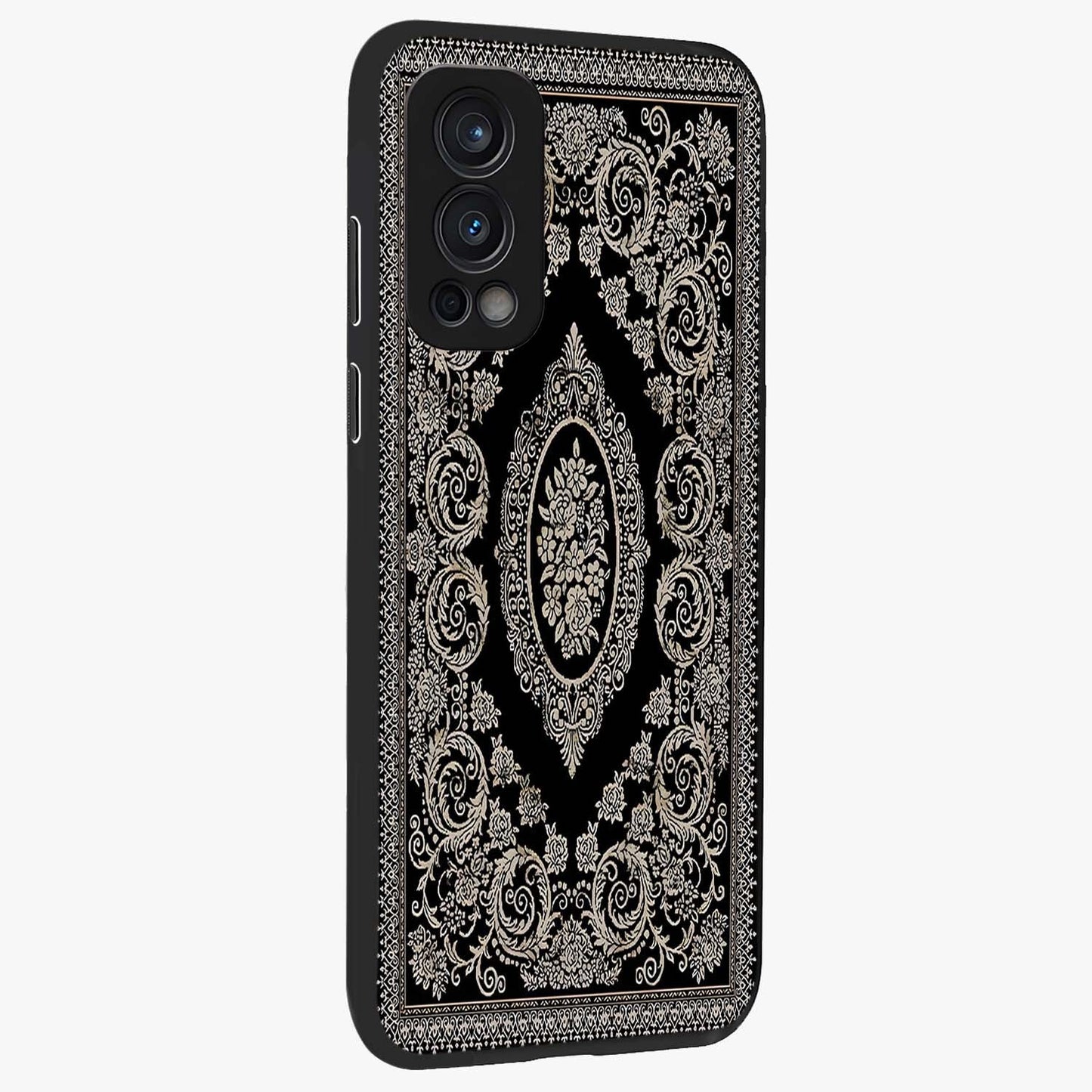 Noir Bloom Elegance Glass Case upright view showcasing graceful floral artwork with luxurious dark theme.