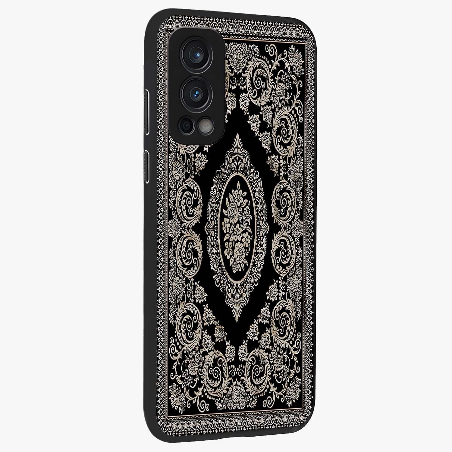 Noir Bloom Elegance Glass Case upright view showcasing graceful floral artwork with luxurious dark theme.