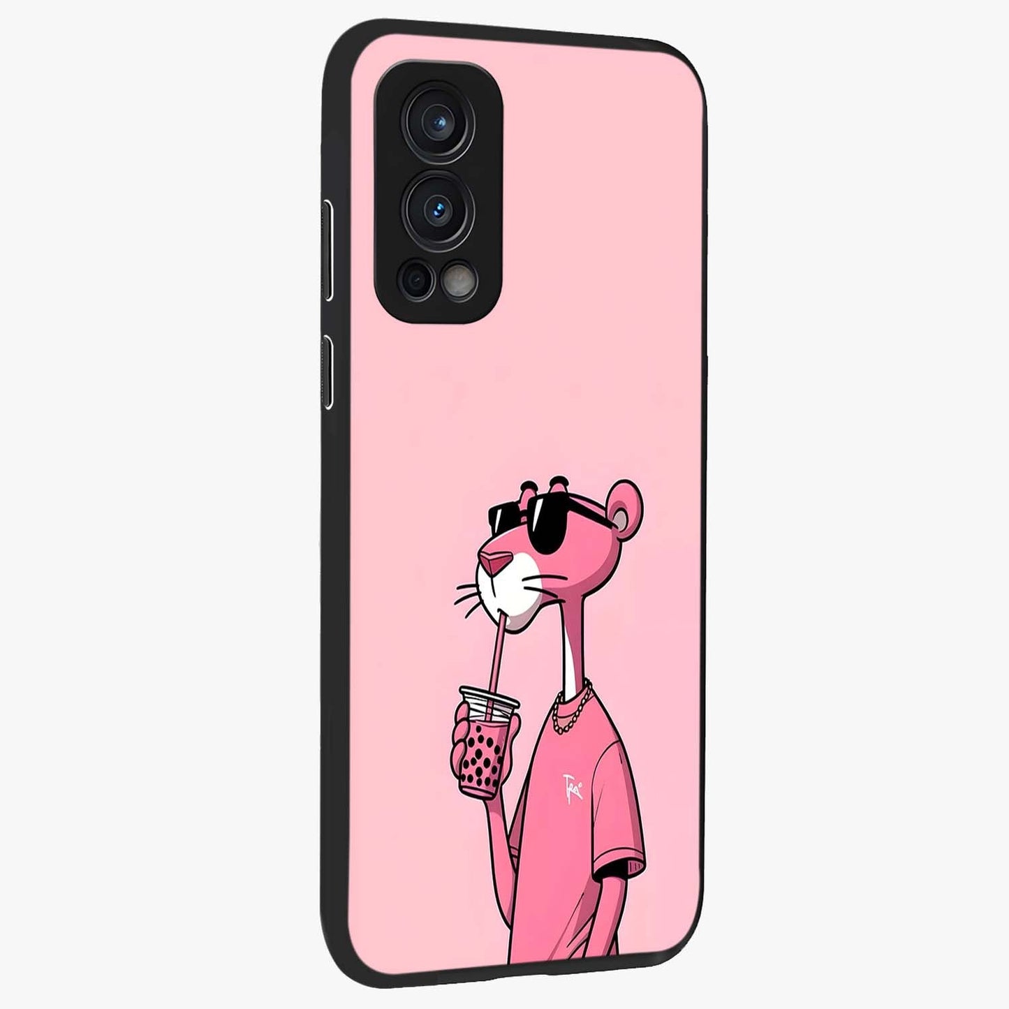 Pink Panther Glass Case upright view showcasing fun animated artwork with stylish retro cartoon theme.