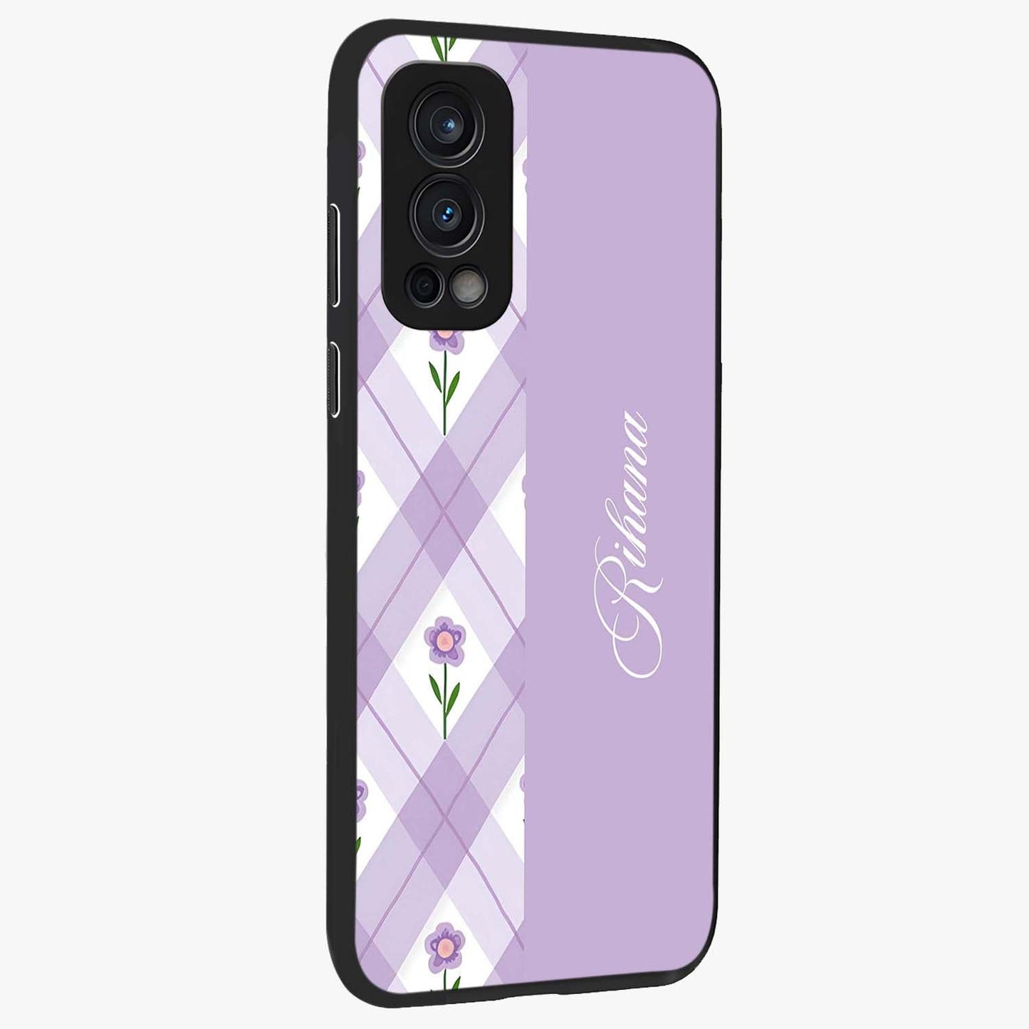 Purple Diamond Floral Glass Case upright view showcasing vibrant floral artwork with stylish geometric theme.