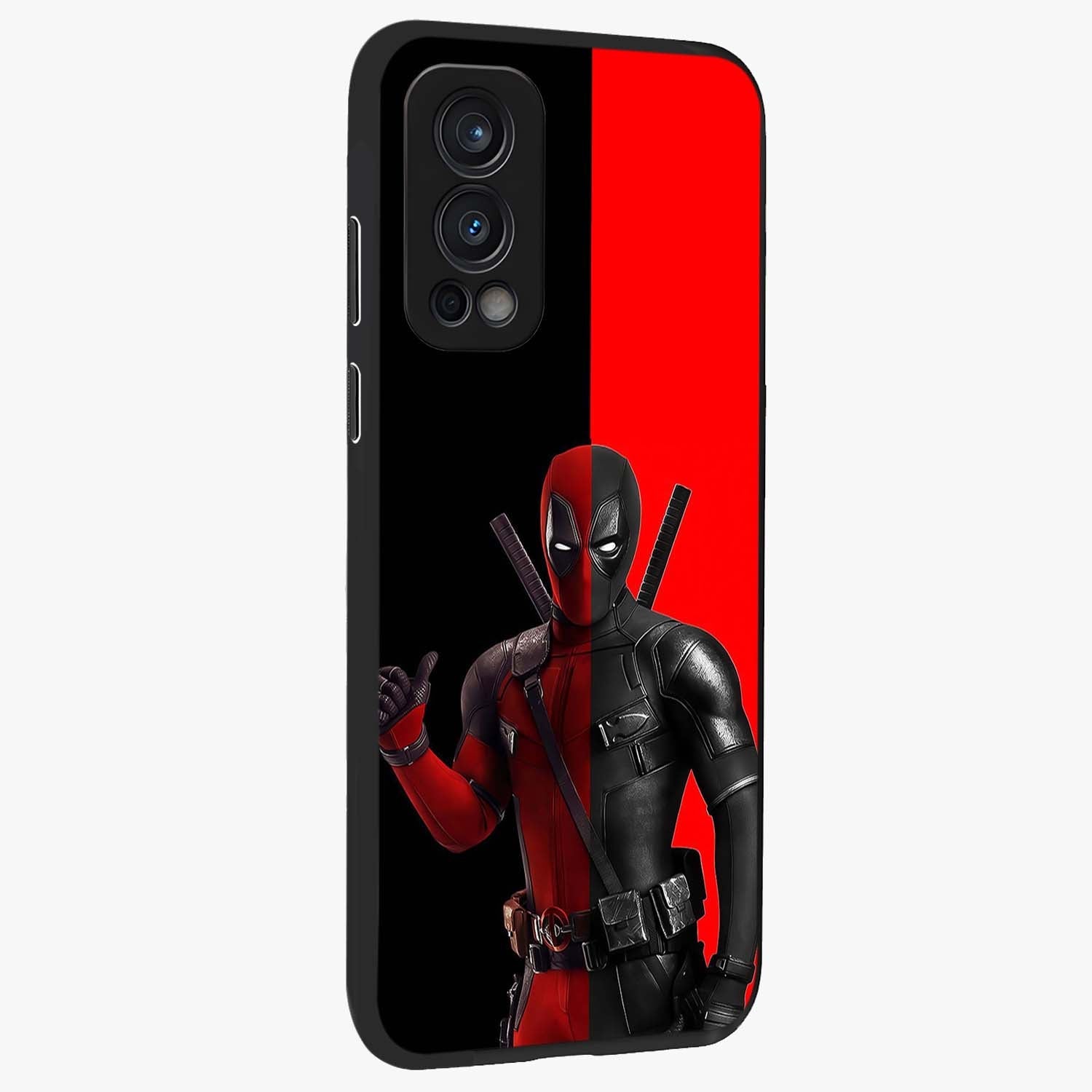 Red & Black Deadpool Theme Glass Case upright view showcasing energetic comic themed artwork with striking red and black design.