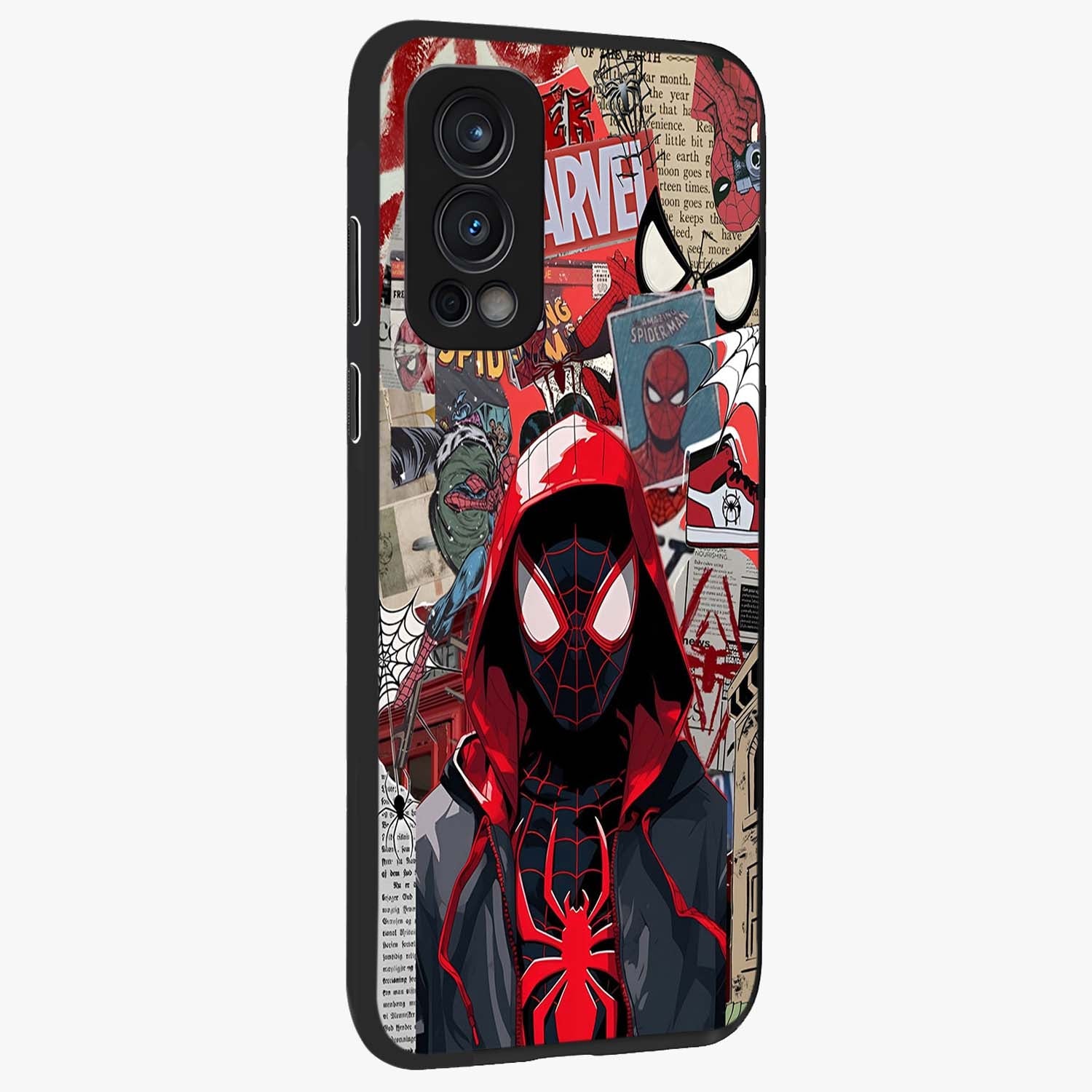 Spider Collage Street Glass Case upright view showcasing bold superhero artwork with urban street theme.