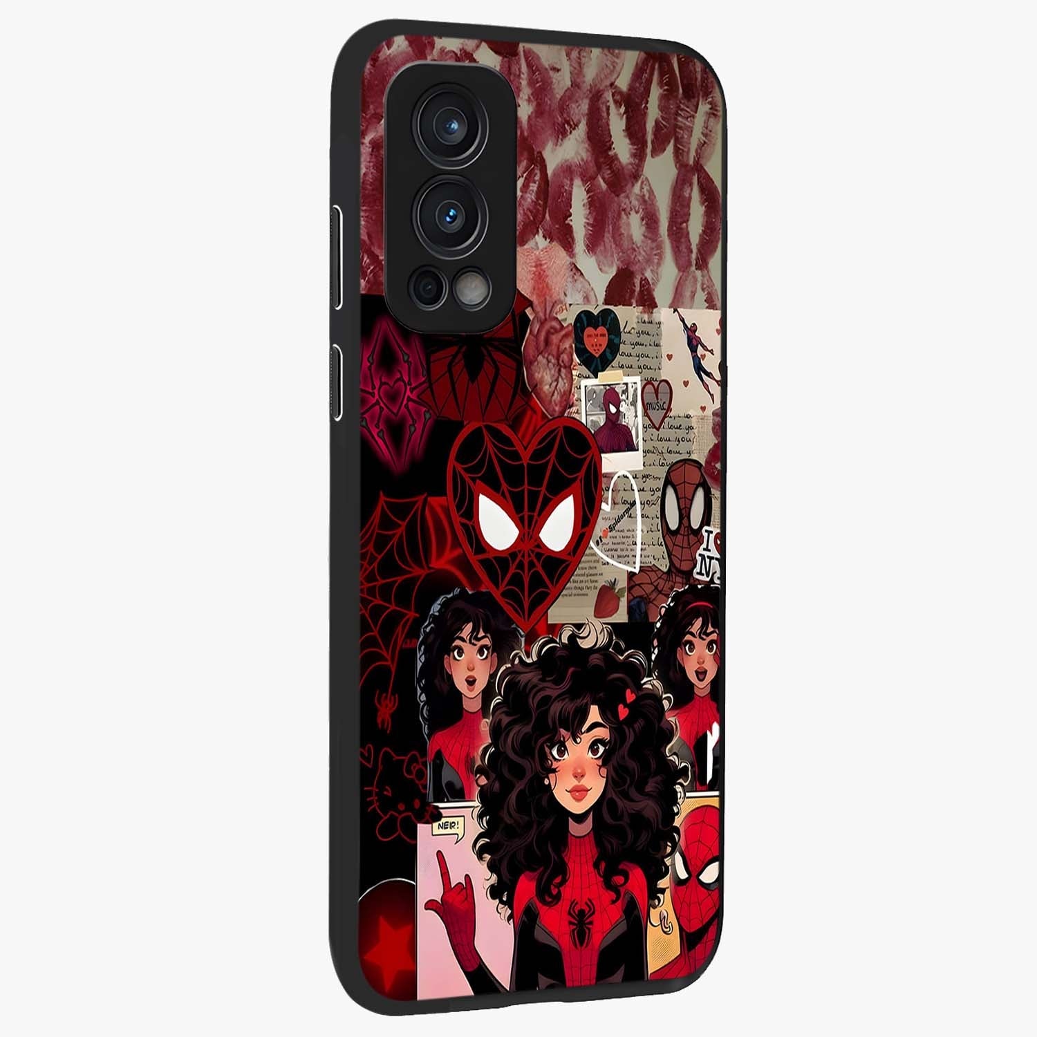 Spider Love Story Glass Case upright view showcasing charming superhero artwork with romantic comic theme.