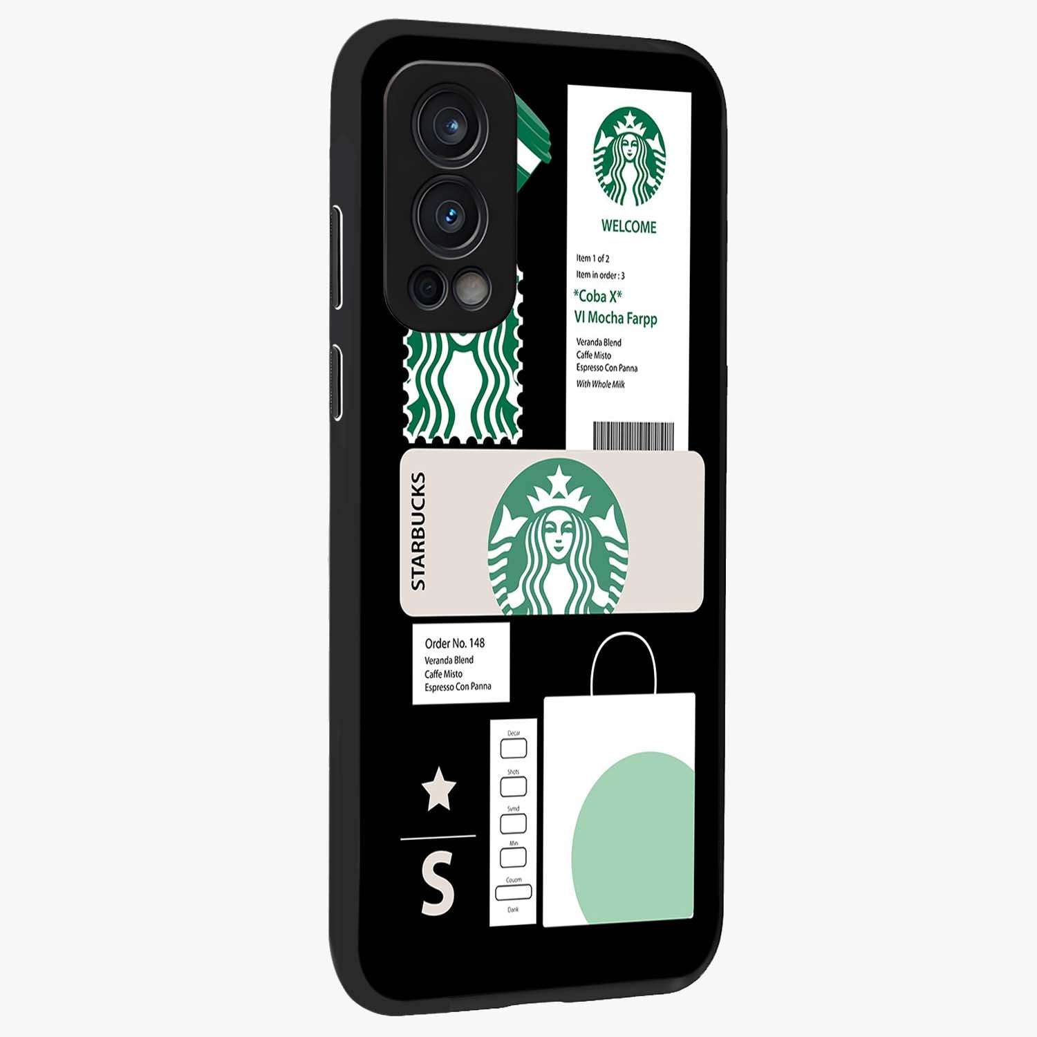Starbucks Mocha Glass Case upright view showcasing trendy coffee inspired artwork with modern lifestyle theme.