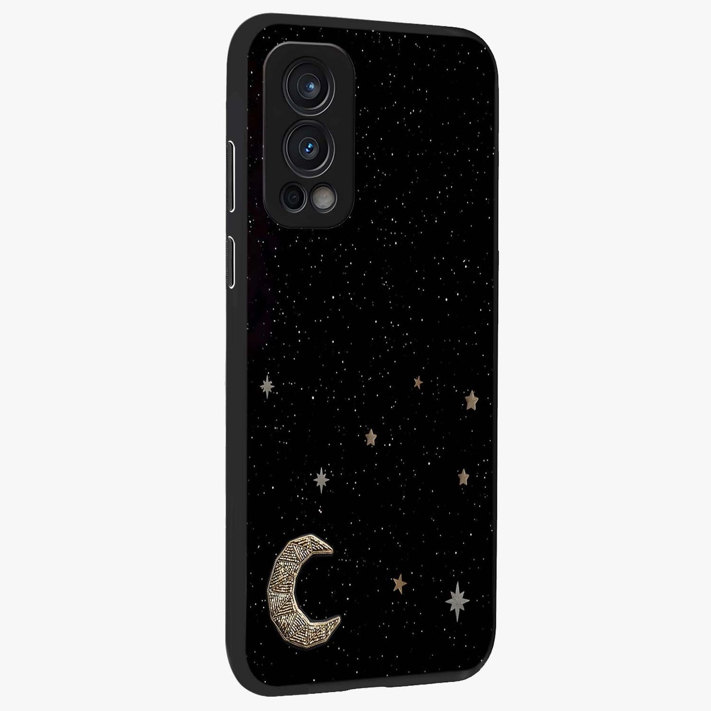 Twinkle Star With Half Moon Glass Case upright view showcasing glowing cosmic artwork with dreamy night theme.