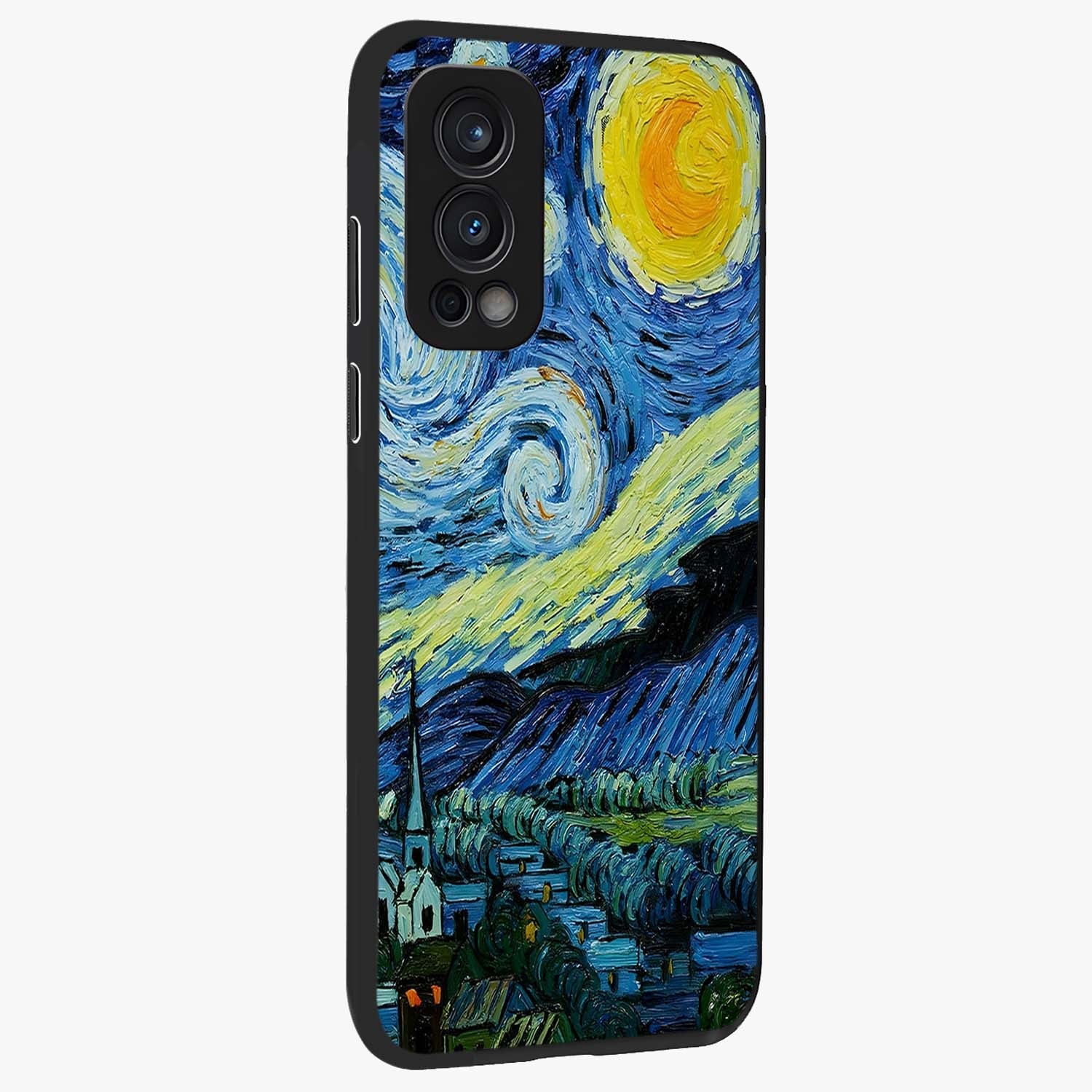Van Gogh Art Glass Case upright view showcasing expressive painting style artwork with timeless artistic theme.