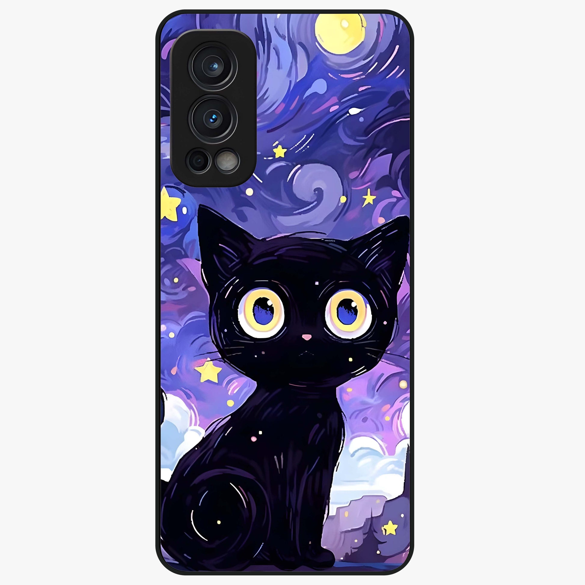 Abstract Cat Art Glass Case showing flat back view with artistic cat illustration and glossy glass finish.