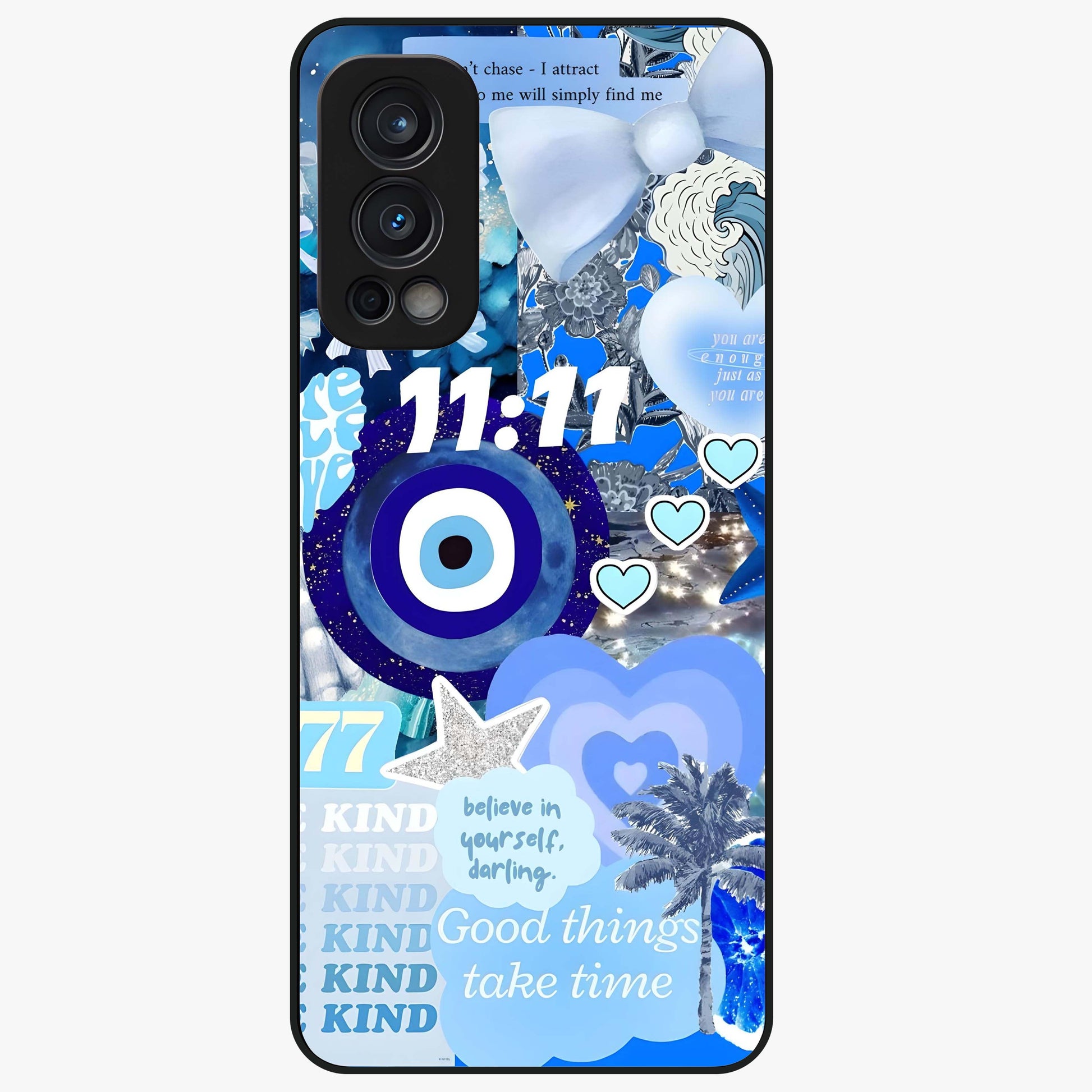 Aesthetic Be Kind Eye Glass Case showing flat back view with motivational eye artwork and glossy glass finish.