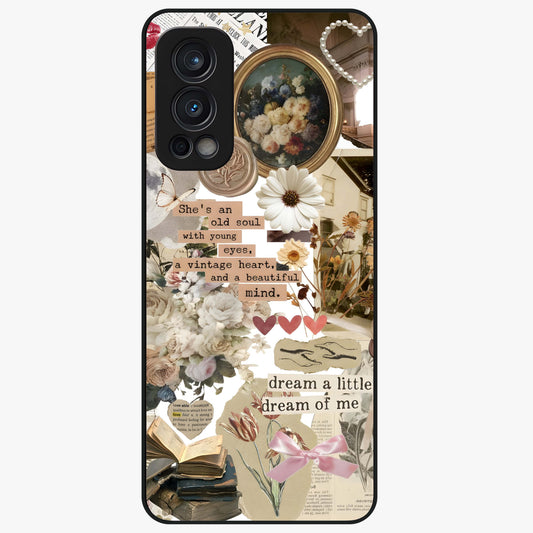 Aesthetic Brown Vintage Collage Glass Case showing flat back view with retro collage artwork and glossy glass finish.