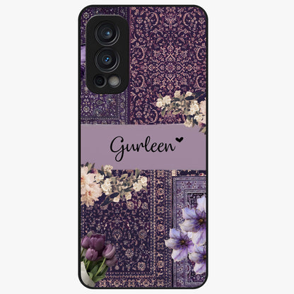 Antique Floral Whisper Custom Name Glass Case showing flat back view with vintage floral artwork and personalized name design.