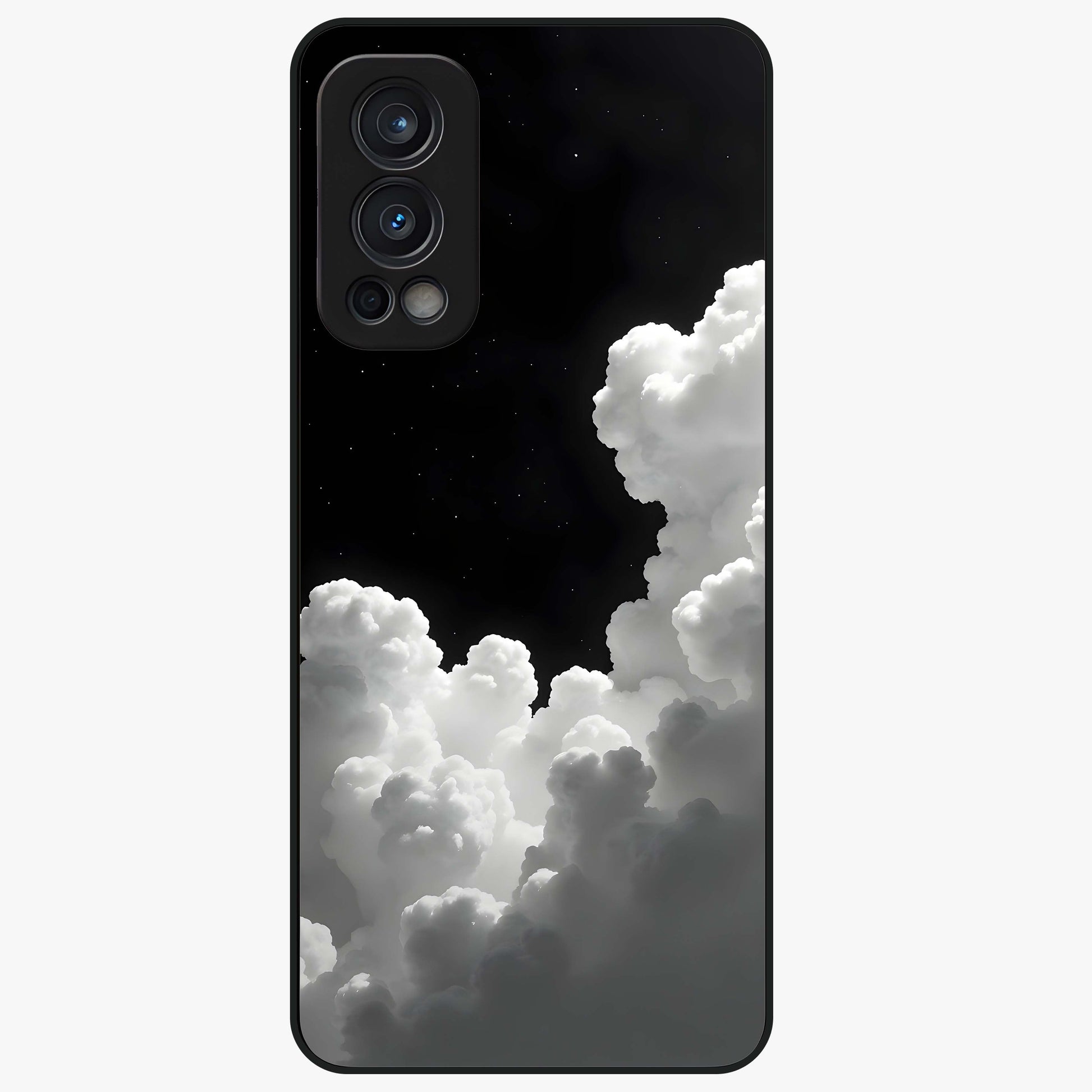 Black Background With White Cloud Glass Case showing flat back view with minimal cloud artwork on dark background and glossy glass finish.