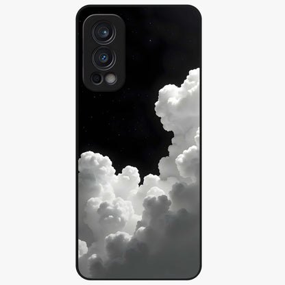 Black Background With White Cloud Glass Case showing flat back view with minimal cloud artwork on dark background and glossy glass finish.