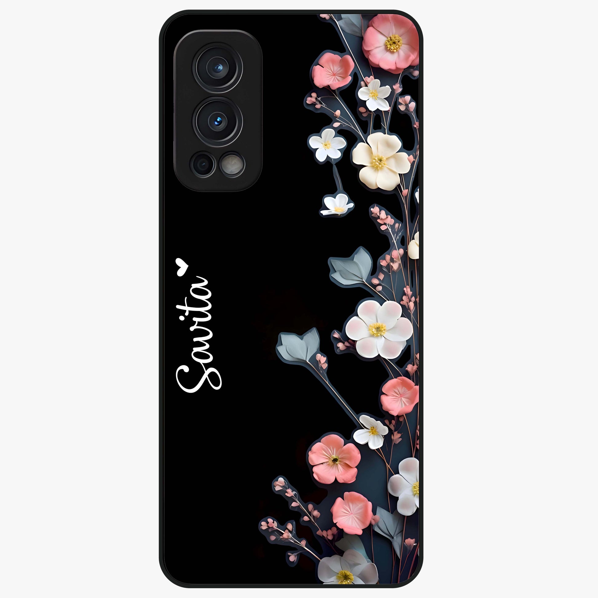Black Elegance Floral Custom Name Glass Case showing flat back view with elegant floral artwork and personalized name design.
