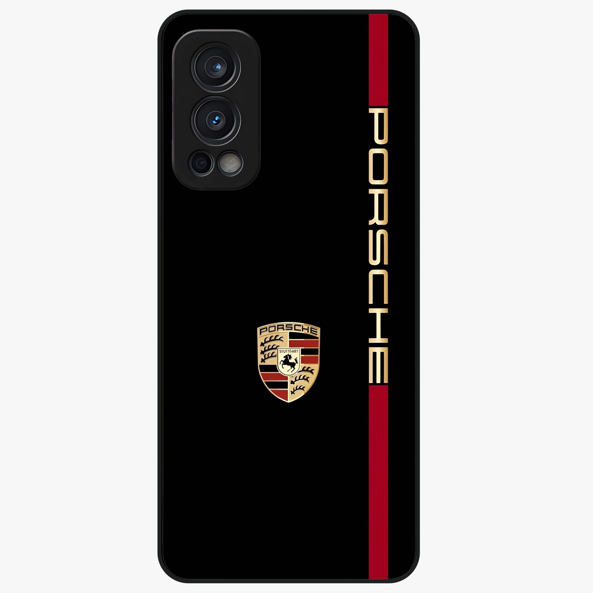 Black Minimal Porsche Glass Case showing flat back view with sleek minimal sports car artwork and glossy glass finish.