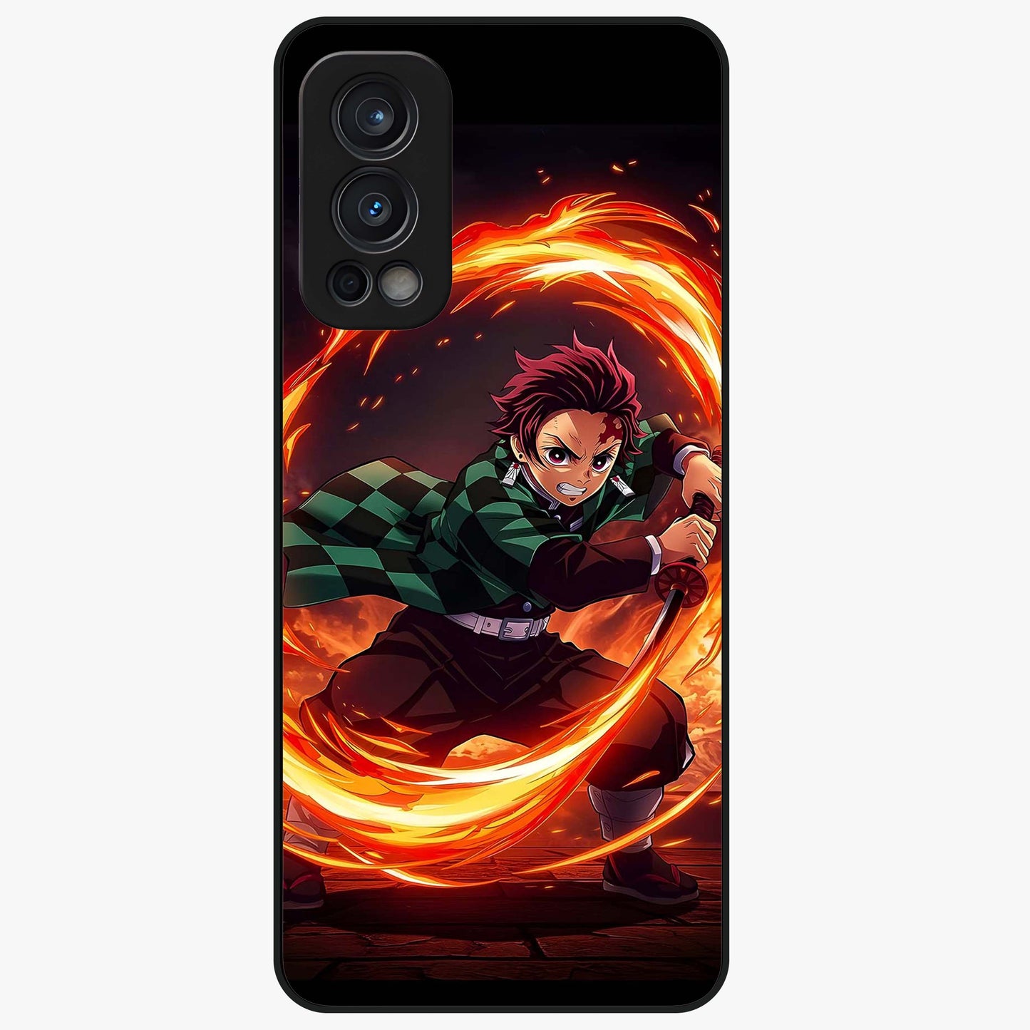 Blazing Sword Resolve Glass Case showing flat back view with fiery sword artwork and glossy glass finish.